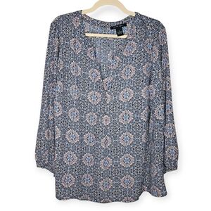 Faith & Zoe Women's Boho Print Long Sleeve Blouse, Size 1X, Blue/Pink, EUC